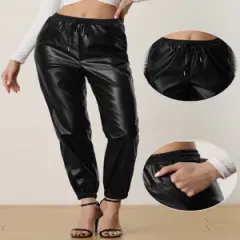 Allegra K Faux Leather Pants for Women's Drawstring High Waist Joggers Casual Tapered Trousers