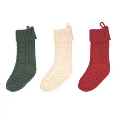 Transpac Set of 3 Fabric Cable Knit Christmas Stockings Multicolor Polyester Holiday Decor for Mantel Indoor Use