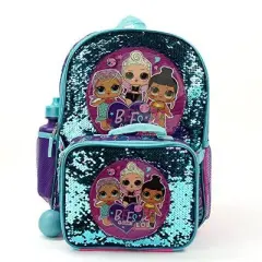 L.O.L. Surprise Girls 4 Piece Backpack Set, Flip Sequin 16" School Bag with Front Zip Pocket, Purple and Teal