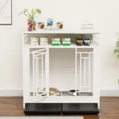 KWPZQEB 43.3" Large Dog Crate Furniture with Divider&Double Doors, Wooden Dog Kennel with Double-layer Storages, Decorative Pet House for Indoor,White