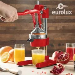 Eurolux Professional Cast Iron Citrus Juicer, Manual Hand Press, Heavy Duty, Stainless Steel Cup, Red