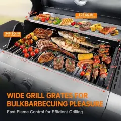 4-Burner Propane Gas Grill in Stainless Steel with Side Burner, Condiment Rack, and Built-in Thermometer for Outdoor BBQ