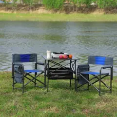 DSVIMOY Folding Chair, 3-Piece Folding Outdoor Chairs Set with 1 Table, Camping Chair for Picnics, Backyard, Black & Blue, 21.7"*16.9"*29.5"