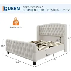 51" Tall Queen/King Size Bed Frame with Deep Button Tufted Wingback Headboard and Footboard, Velvet Upholstered Platform Bed Frame, Easy Assemble