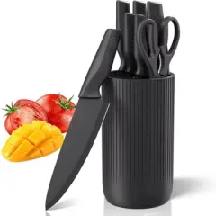 Attop 7-Piece German Stainless Steel Knife Set with Universal Block - Non-Stick Black Coating (Matte Black)