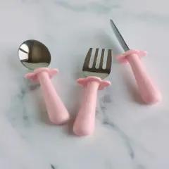 Grabease 3-Piece Stainless Steel Utensil Set for Independent Self-Feeding: Fork, Spoon & Curve-Tip Safety Knife for 18 Months & Up