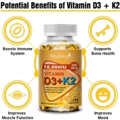 Mulittea 10000 IU Vitamin D3 K2, Support Bone & Joint Health, Increase Immunity, 120 Softgels