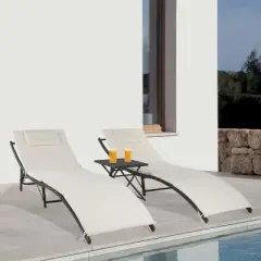 BestMassage 2 Piece Patio Chaise Lounge Outdoor Furniture Set with Folding Table, Khaki