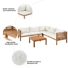 4-Pieces Outdoor Acacia Wood L-Shaped Sectional Sofa Set with Coffee Table
