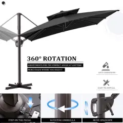Pellebant 9X10.5FT Double Top Cantilever Umbrella Outdoor 360&deg; Rotation 6 Heights Adjustable Offset Umbrella with Metal Pole and Base