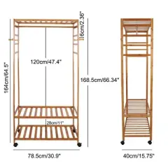 Artloge Heavy Duty Freestanding Bamboo Clothes Rail Shelf Rolling Garment Closet Wooden  Organizer Stand with 3 Tier Storage Shelf & Lockable Wheels