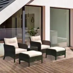 Outsunny 5 Piece Rattan Wicker Lounge Chair, Outdoor Patio Conversation Set with 2 Cushioned Chairs, 2 Ottomans & Tempered Glass Top Coffee Table