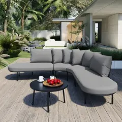 FIONECA Half-Moon Patio Sofa Set with Coffee Table, 6-Person Outdoor/Indoor Iron Frame Conversation Set with Cushions, Gray