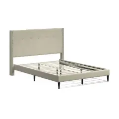 Glenwillow Home MCM Upholstered Platform Bed, Nailhead Trim Button Tufted MCM Wingback, Mattress Foundation, No Box Spring Needed, Beige, Queen