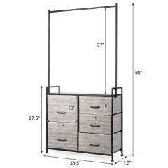 Costway 5 Drawer Fabric Dresser Hanger Metal Frame Wooden Top Storage Closet Organizer