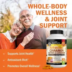 Turmeric Supplement with Saffron, Cinnamon & Cardamom + BioPerine Black Pepper Extract, Optimal Absorption Joint Support Supplement, Bioschwartz, 60ct