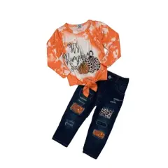 Girls It's Pumpkin Season Patched Jeans Set - Mia Belle Girls