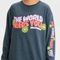Girls' Long Sleeve 'SmileyWorld' Oversized Graphic T-Shirt - art class&trade; Gray