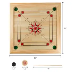Toy Time Classic Carrom Strike-and-Pocket Tabletop Board Game With Cue Sticks, Coins, and Striker - Pine