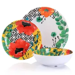 12pc Grace Melamine Dinnerware Set - Elama: Floral Botanical Dishes, Off-White, Service for 4, Dishwasher-Safe