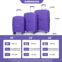 SEVOBAL Luggage 3 Piece Set Expandable Hardshell Suitcase with Double Spinner Wheels for Travel, Purple, 19.88"*12.2"*29.72"