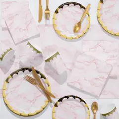 24ct Marble Paper Disposable Dinnerware Plates Pink