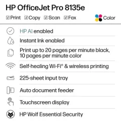 HP OfficeJet Pro 8135e Wireless All-in-One Color Printer Scanner Copier with 3 Months Free Instant Ink (40Q35A): Inkjet, USB, Bluetooth