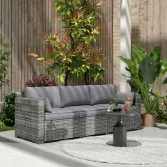 Outsunny 3 Seater Wicker Sofa with Side Trays, Rattan Outdoor Patio Couch with 6" Thick Back Cushions, Deep Seating for Porch, Garden, Mixed Gray