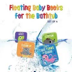 merka Baby Bathtub Bath Toys, 4 Plastic Books, Take Turns Clean Up Listen Be Quiet Perfect Baby Gifts for Sharing and Learning