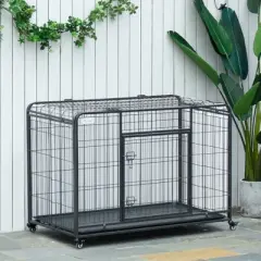 PawHut Folding Design Heavy Duty Metal Dog Cage Crate & Kennel with Removable Tray and Cover, & 4 Locking Wheels, Indoor/Outdoor