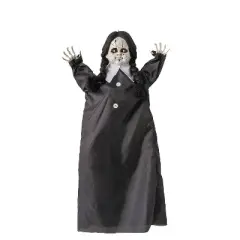 27 1/2" Animated Hanging Cracked Face Doll with Black Dress Halloween Decoration