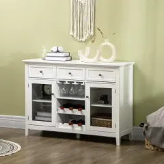 HOMCOM Glass Door Kitchen Sideboard, Buffet Cabinet with 6-Bottle Wine Rack and Stemware Racks, Coffee Bar for Living Room, Dining Room, White