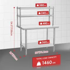 Stainless Steel Table with Overshelves, 48" X 24" Commercial Work Table with  Shelf, Metal Kitchen Prep Table & Shelving Combo