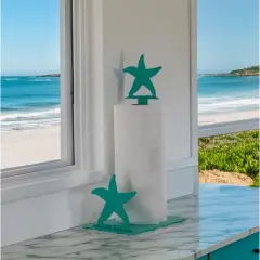 5 Star Super Deals Coastal Starfish Paper Towel Holder &ndash; Decorative Teal Kitchen Paper Roll Stand Accessory with Durable Metal Build and Stable Base