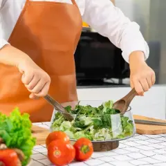 BRINJOY Extra Large Glass Salad Bowl Set - Party Salad Bowls with Acacia Wood Base and Serving Utensils - Elegant and Practical Kitchen Must-Have