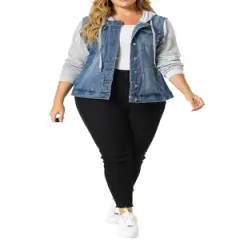 Agnes Orinda Women's Plus Size Denim Hood Drawstring Fall Winter Button Jean Jackets