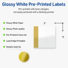 Avery Printable Square Labels, Gold-Dipped Edge, 3" x 3", Glossy White Square Labels, Permanent, Laser/Inkjet, 60ct, Great for Product Labels