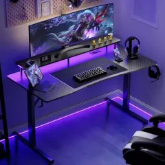GTRACING 55 Inch Gaming Desk with LED Lights & Power Outlet, Computer Gamer Desk with Monitor Stand, Headphone Hook & Mouse Pad
