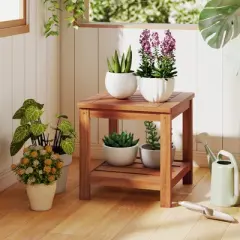 Tangkula 2PCS 2-Tier Adirondack Side Table w/ Slatted Tabletop Storage Shelf for Garden