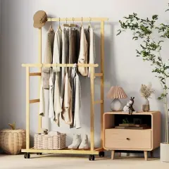 Artloge Thicken Double Rod Bamboo Hanging Clothes Rack Portable Rolling Coat Garment Stand Storage Organizer with Shoe Shelves & Wheels