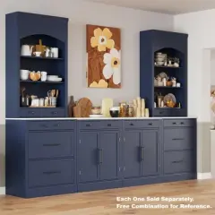 TIRAMISUBEST 83.7" Modern Kitchen Pantry Cabinet with Faux Marble Top, 5 Drawers & Adjustable Shelf - Freestanding Storage Hutch, Blue