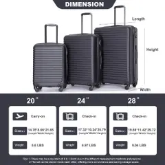 KTMBDW Luggage Sets 3 Piece (20", 24", 28"), ABS Lightweight Suitcase With Wheels and 2 Hooks, Spinner Wheels, TSA Lock