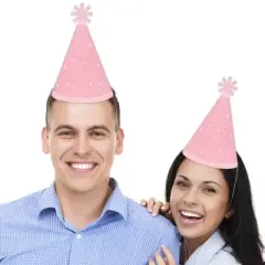 Big Dot of Happiness Pink Confetti Stars - Cone Happy Birthday Party Hats for Kids and Adults - Set of 8 (Standard Size)