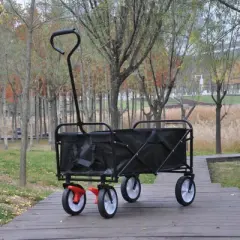 YONWAY Collapsible Outdoor Utility Wagon Cart with Cup Holder, Large Capacity Folding Wagon Garden Shopping Beach Cart with Brake