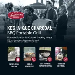 Americana Grills Keg A Que Charcoal BBQ Grill, Portable Outdoor Barbecue with Durable Powder Coated Hood, 186 Square Inch Cooking Area, Silver
