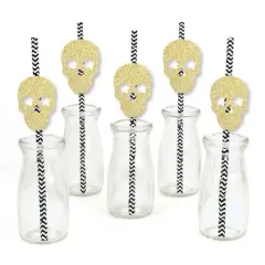 Big Dot of Happiness Gold Glitter Sugar Skull Party Straws - No-Mess Real Glitter Cut-Outs & Decorative Day of the Dead Party Paper Straws - Set of 24