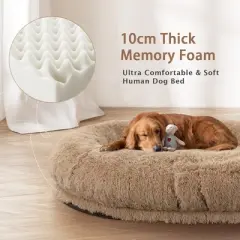 71''x45''x12''  Human Dog Bed Fits Adult 10 CM Thick Memory Foam Washable Oversize Dog Bed with Plump Pillow, Blanket, Strap - Khaki