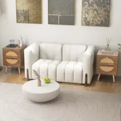 Costway 2Pcs Rattan Nightstand with 2 Drawers Solid Wood Legs Compact Wood Coffee Table