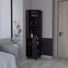 Gulches 10 Bottle Wine Cabinet with Single Door Storage,2 Superior Shelves Compact Corner Design, Natural Oak and Black Finish,Ready to Assemble