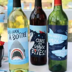 Big Dot of Happiness Shark Zone - Jawsome Party Decorations for Women and Men - Wine Bottle Label Stickers - Set of 4